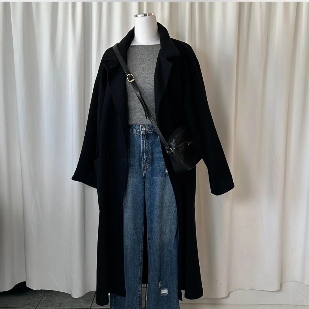 Vintage 80s Central Park double-breasted Wool black full-length overcoat size 14 - Picture 2 of 8